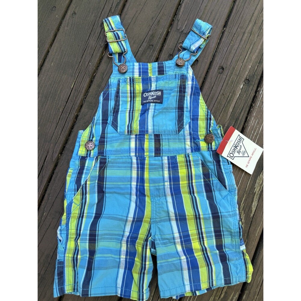 New Vintage Oshkosh Boy Overalls Shorts Baby 12 M Blue Green Plaid